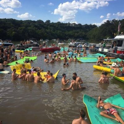 a group of people swimming in the water