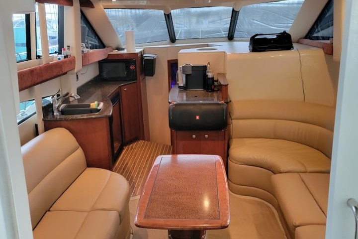 a chair sitting in front of a car