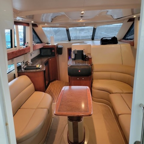 a chair sitting in front of a car